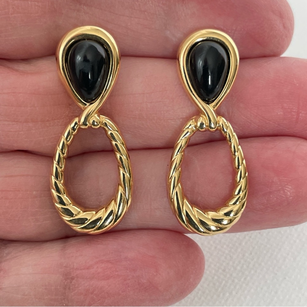 Vintage Monet Gold-Plated Black Enamel Door Knocker Style Earrings
